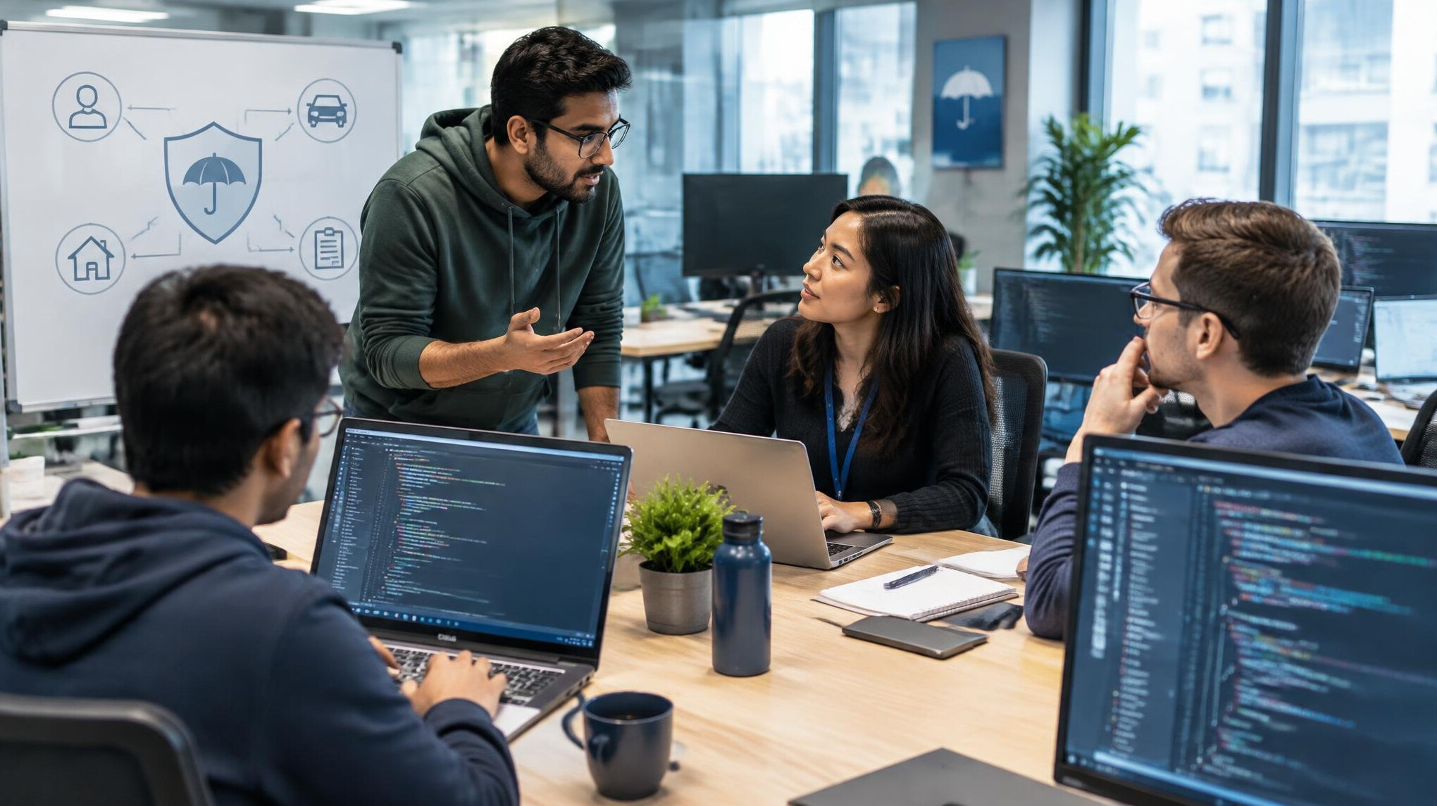 software developers discussing insurance project