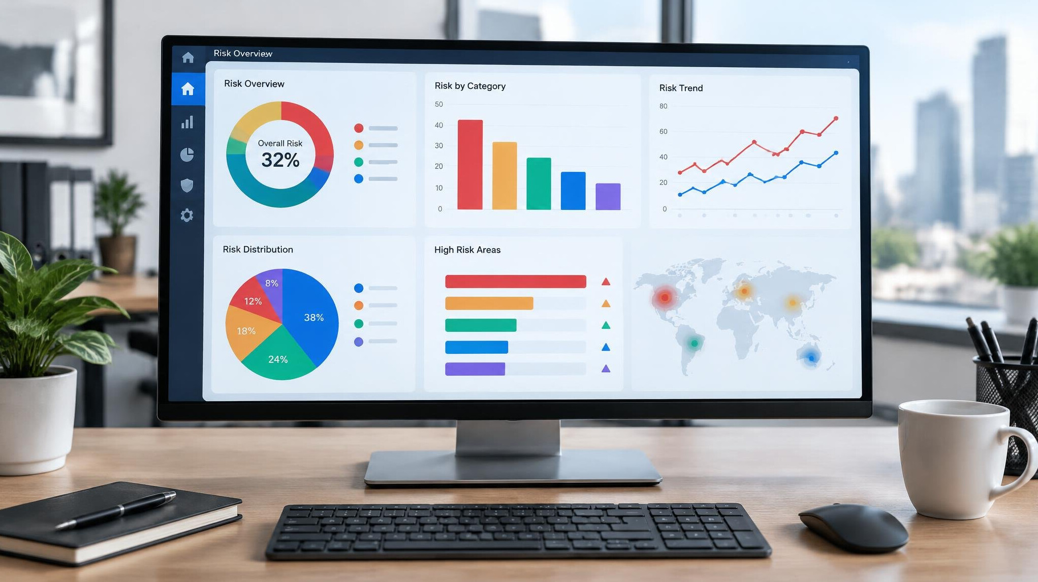 Computer monitor displaying colorful analytics dashboard with charts and graphs