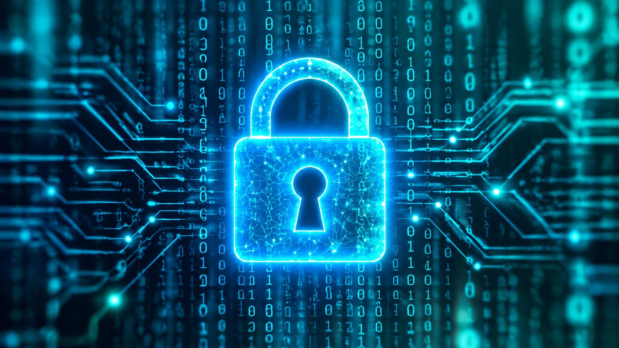 Digital padlock icon glowing over a background of binary code representing cybersecurity