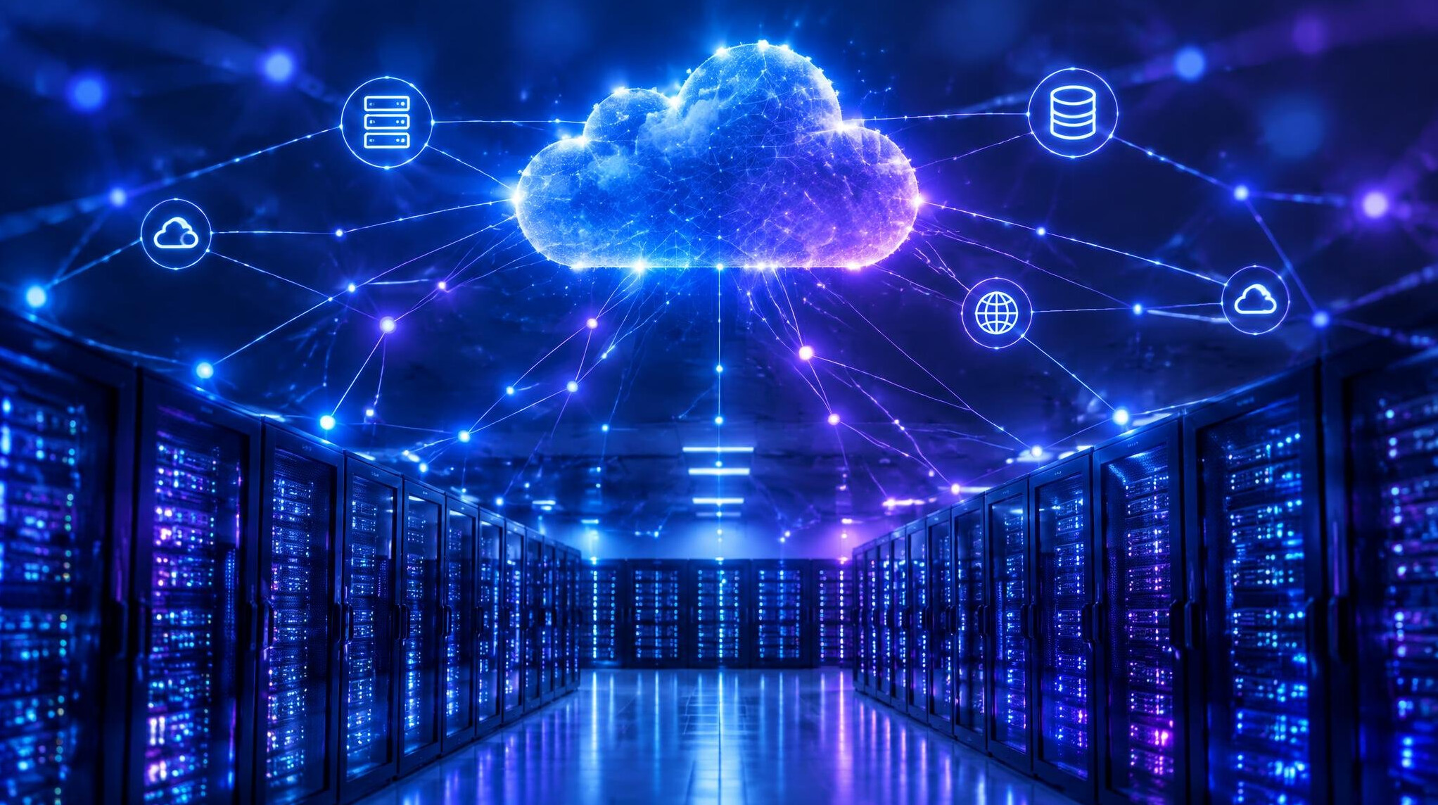 Abstract visualization of cloud computing network nodes and connections